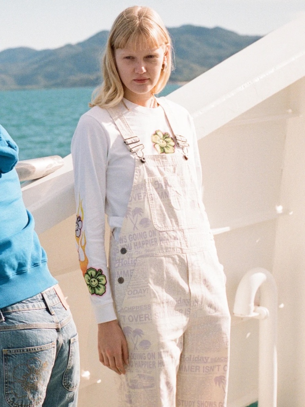 Vans x EM On Holiday Denim Overalls Women's M Cream Purple Newspaper Print - Picture 8 of 8